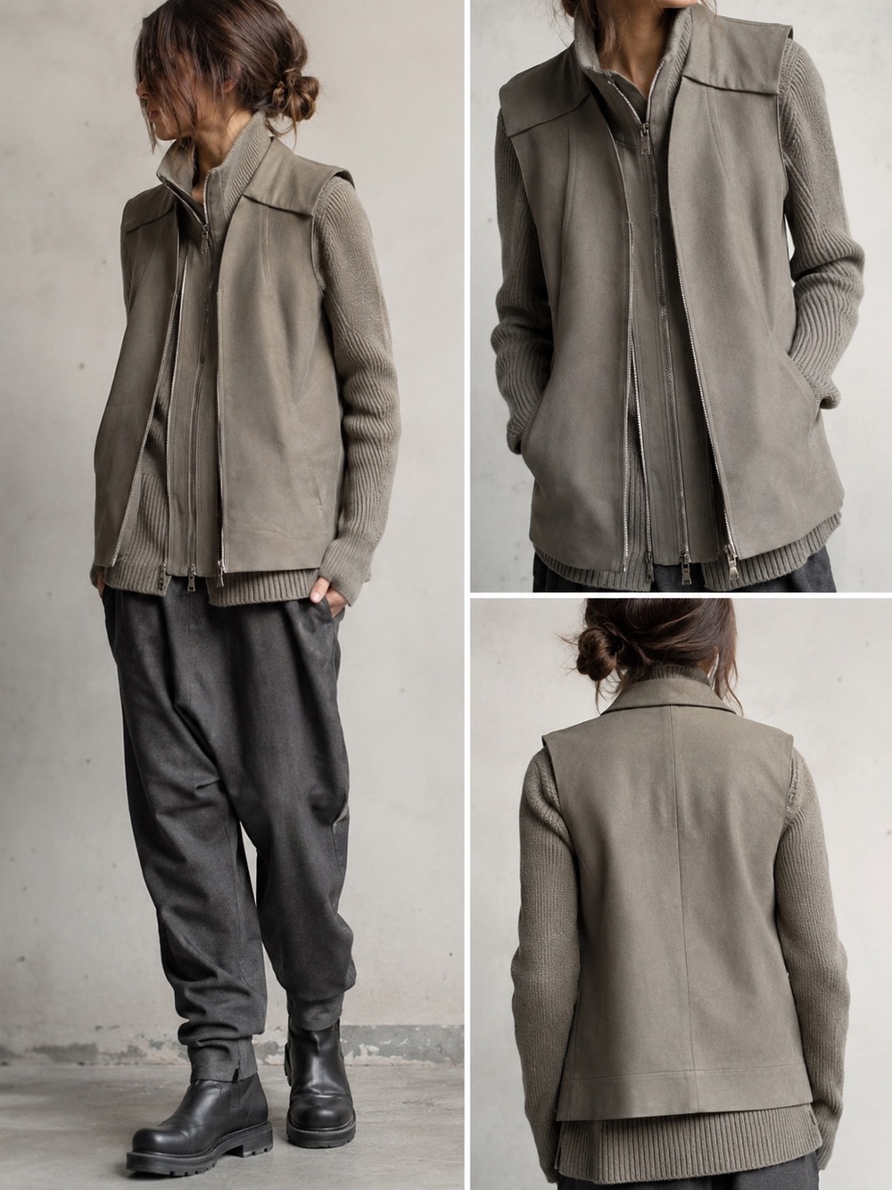 Ilaria Nistri Merino Wool & Lambskin Layered Zip Jacket Sweater Green- Gray